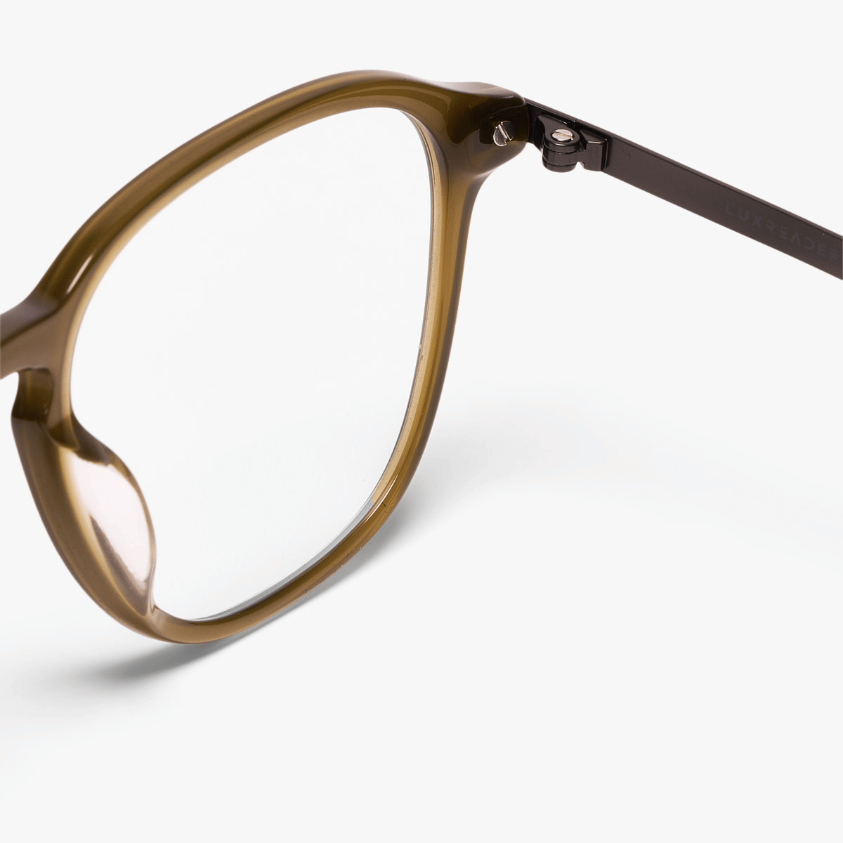 Luxreaders stylish Women's Rønne Shiny Olive Reading glasses. Made from Titanium in a Square shape.