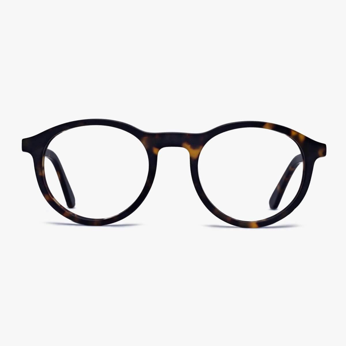 Luxreaders stylish Løkken Dark Turtle Blue light glasses. Made from Acetate in a Round shape.