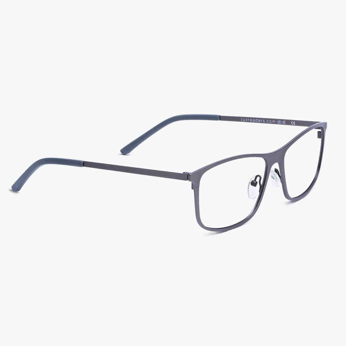 Luxreaders stylish Møn Gun Blue light glasses. Made from Stainless steel in a Rectangle shape.