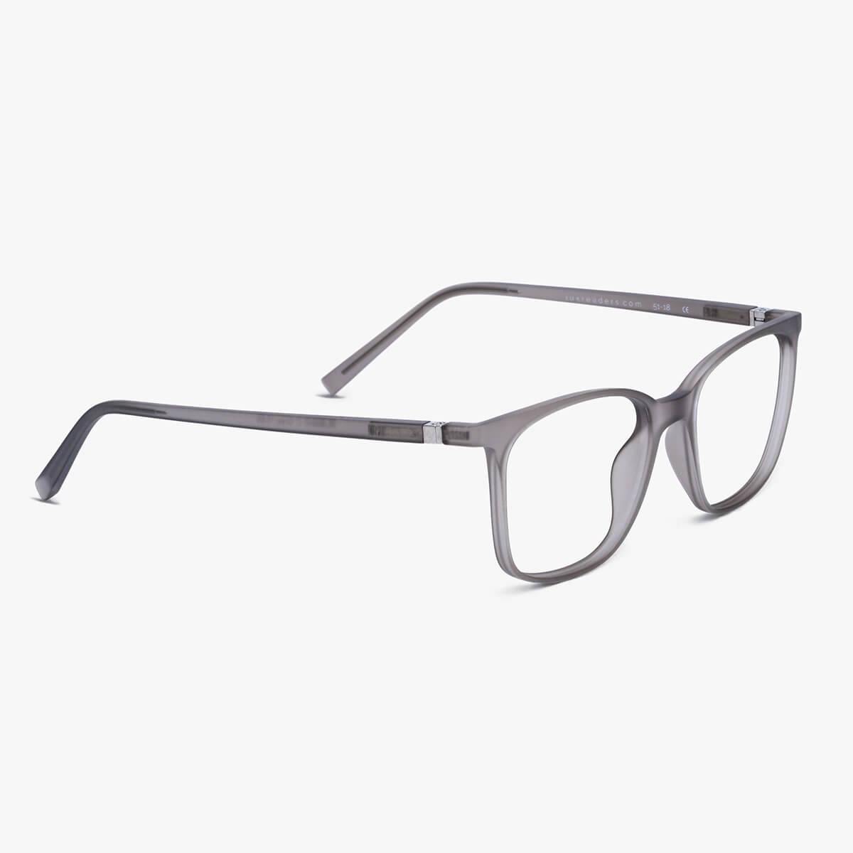 Fyn Grey rectangular reading glasses with gray transparent frame