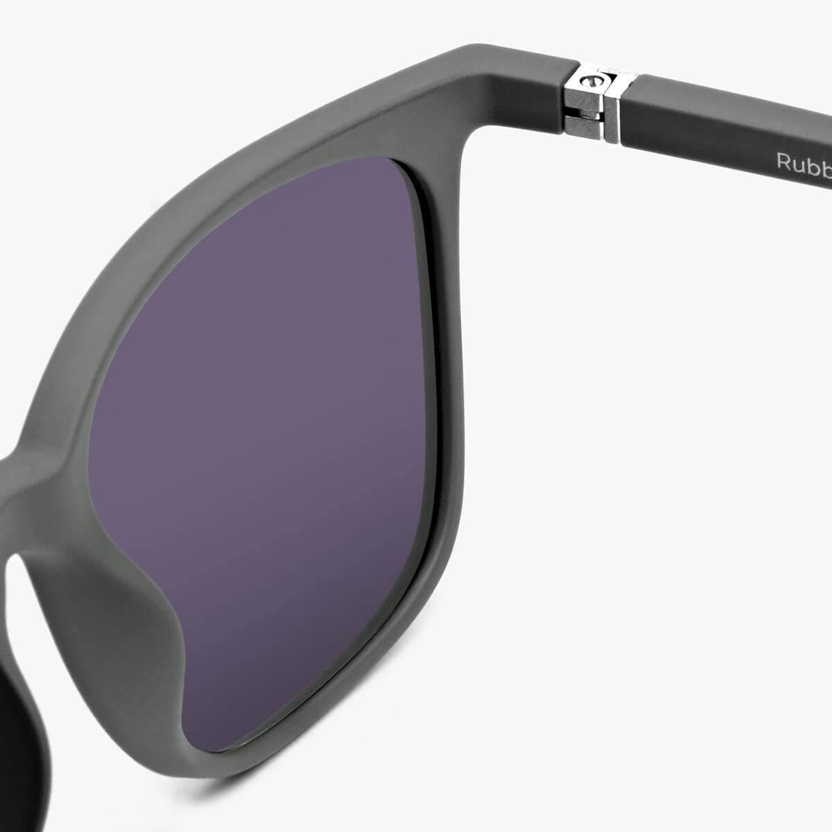 Close-up of Men's Fyn Dark Army sunglasses with purple lenses and rubberized frame