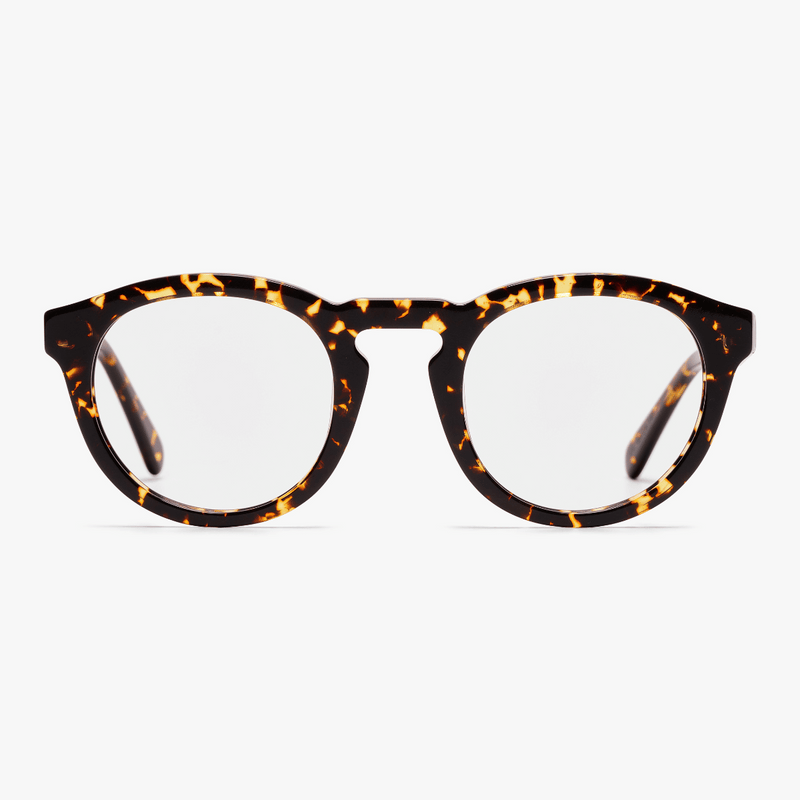 Men's dark turtle shell glasses with round frames and clear lenses