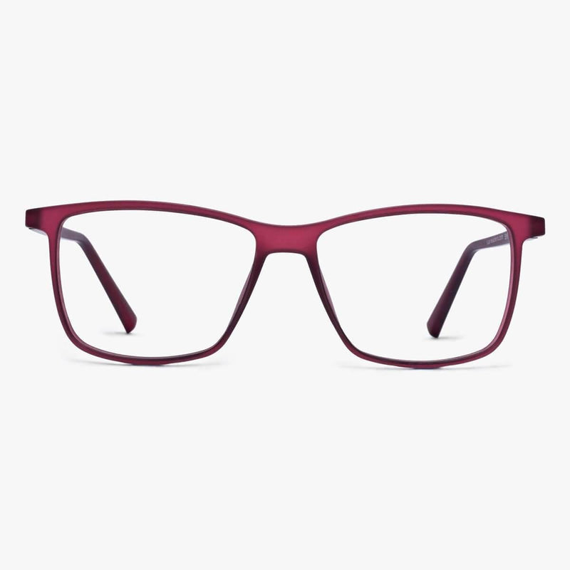 Rectangular red reading glasses with thin frames