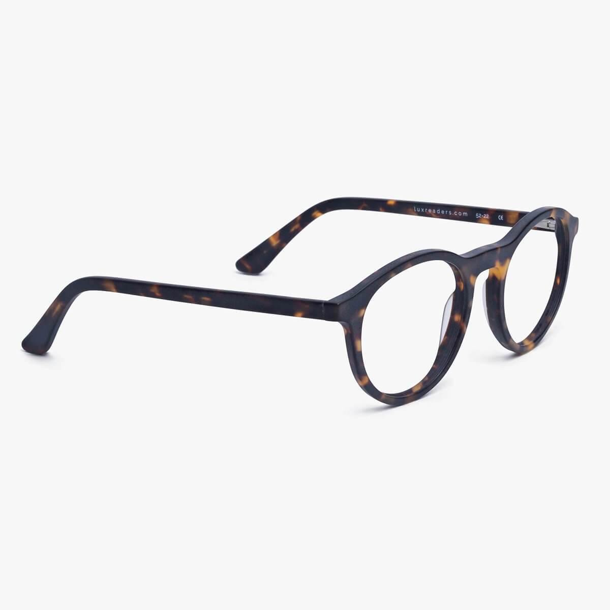 Dark turtle shell men's glasses with round frames and sleek design