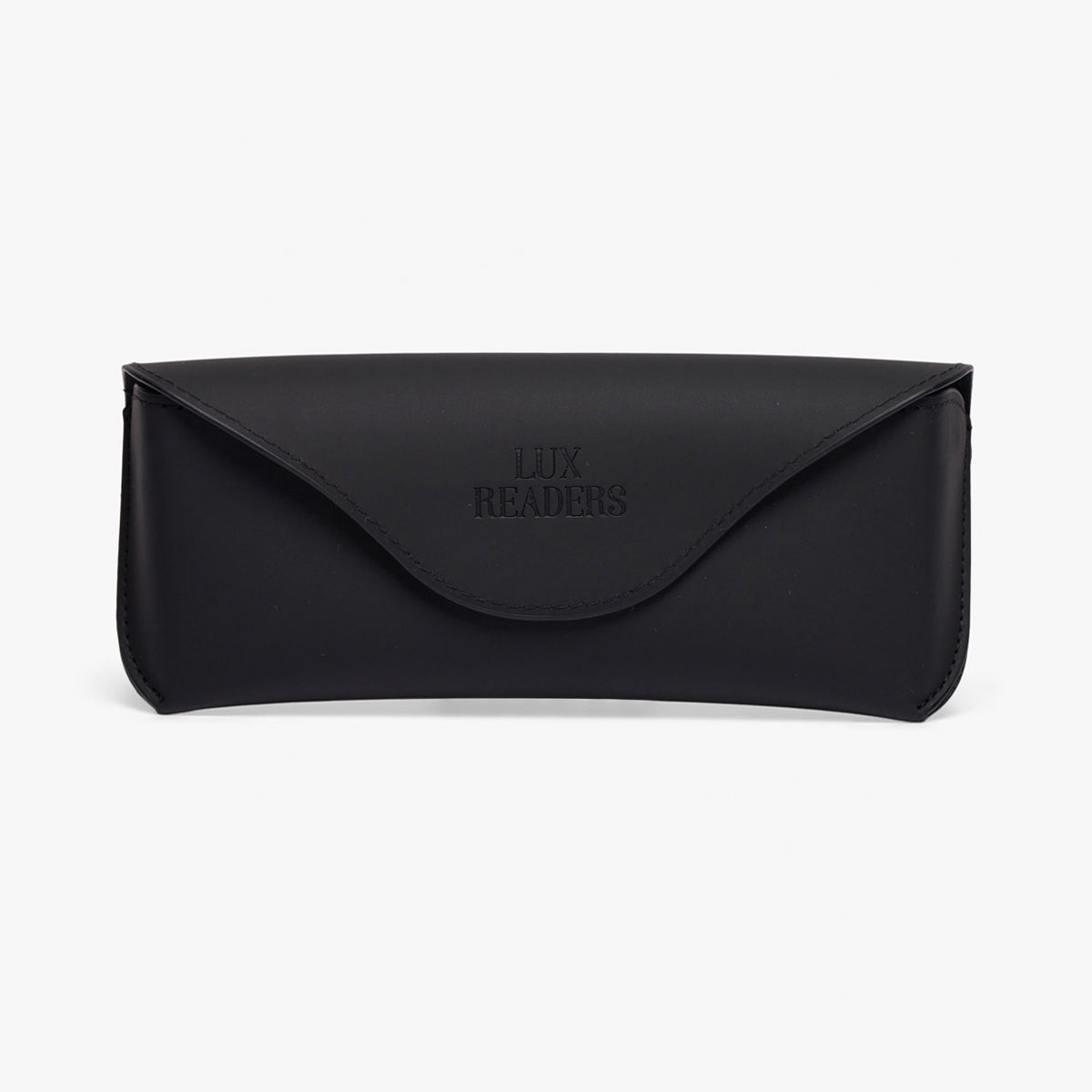 Black glasses case with Luxreaders logo