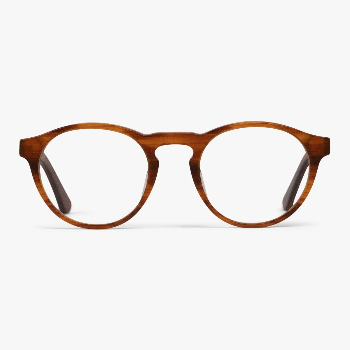 Luxreaders stylish Women's Trondheim Shiny Walnut Reading glasses. Made from Acetate in a Round shape.