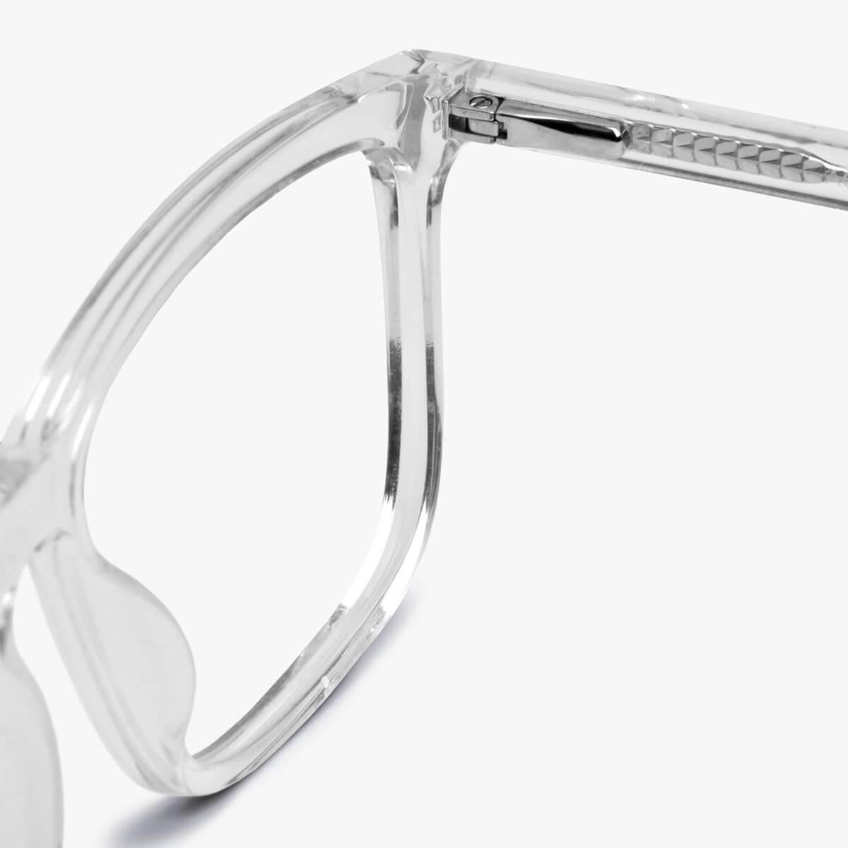 Close-up of Oslo Crystal White transparent eyewear frame