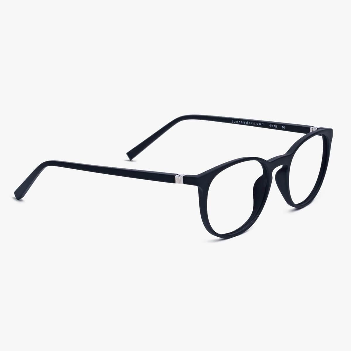 Stockholm Black round glasses with Luxreaders logo on temples