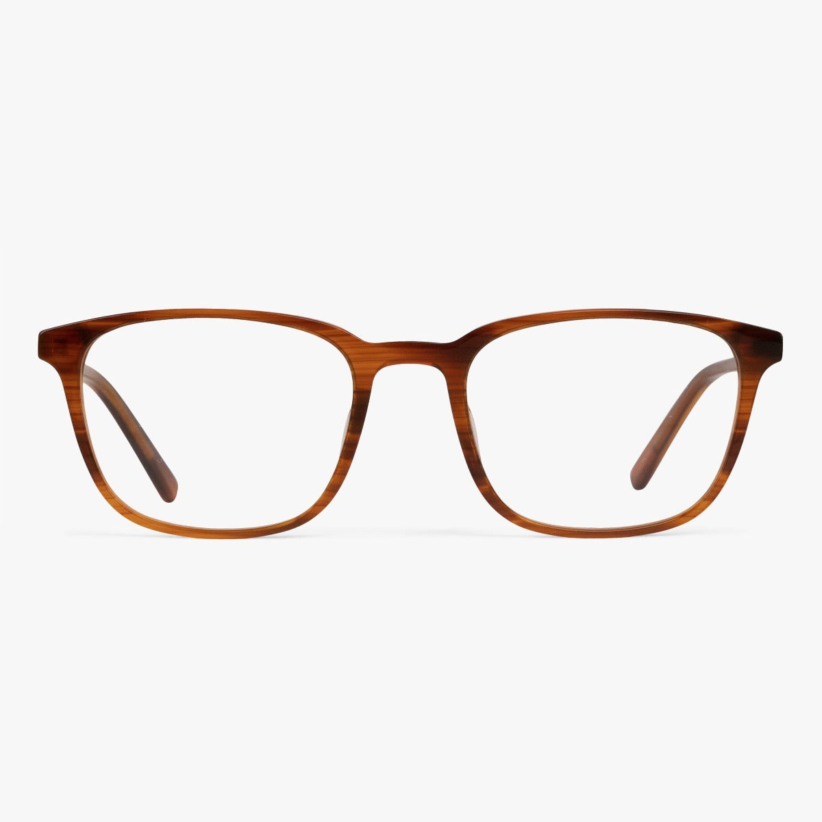 Luxreaders stylish Ebeltoft Shiny Walnut Reading glasses. Made from Acetate in a Square shape.
