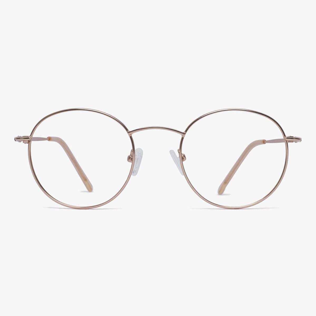 Round gold metal glasses with thin frame and clear lenses
