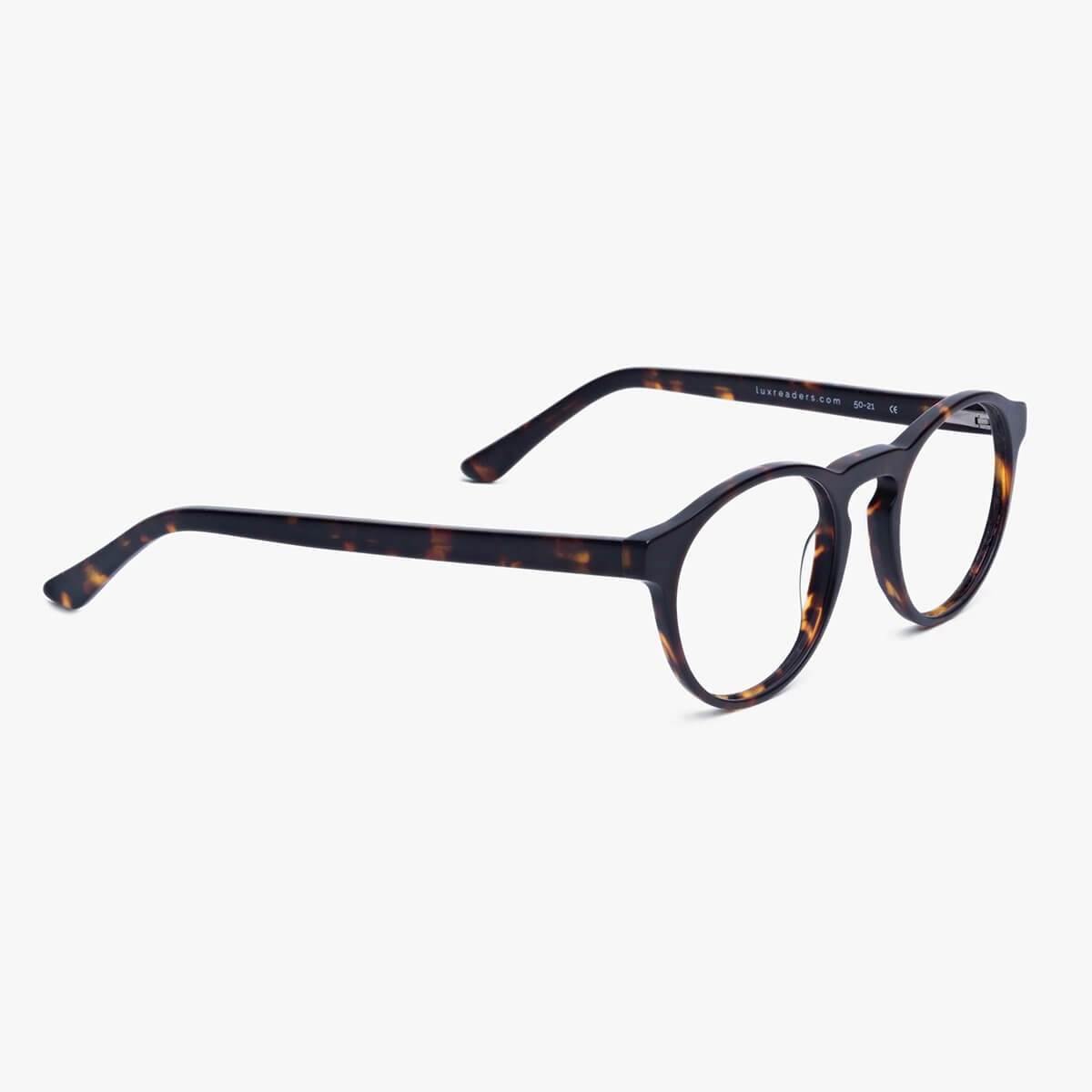 Trondheim Dark Turtle tortoiseshell round glasses with Luxreaders branding