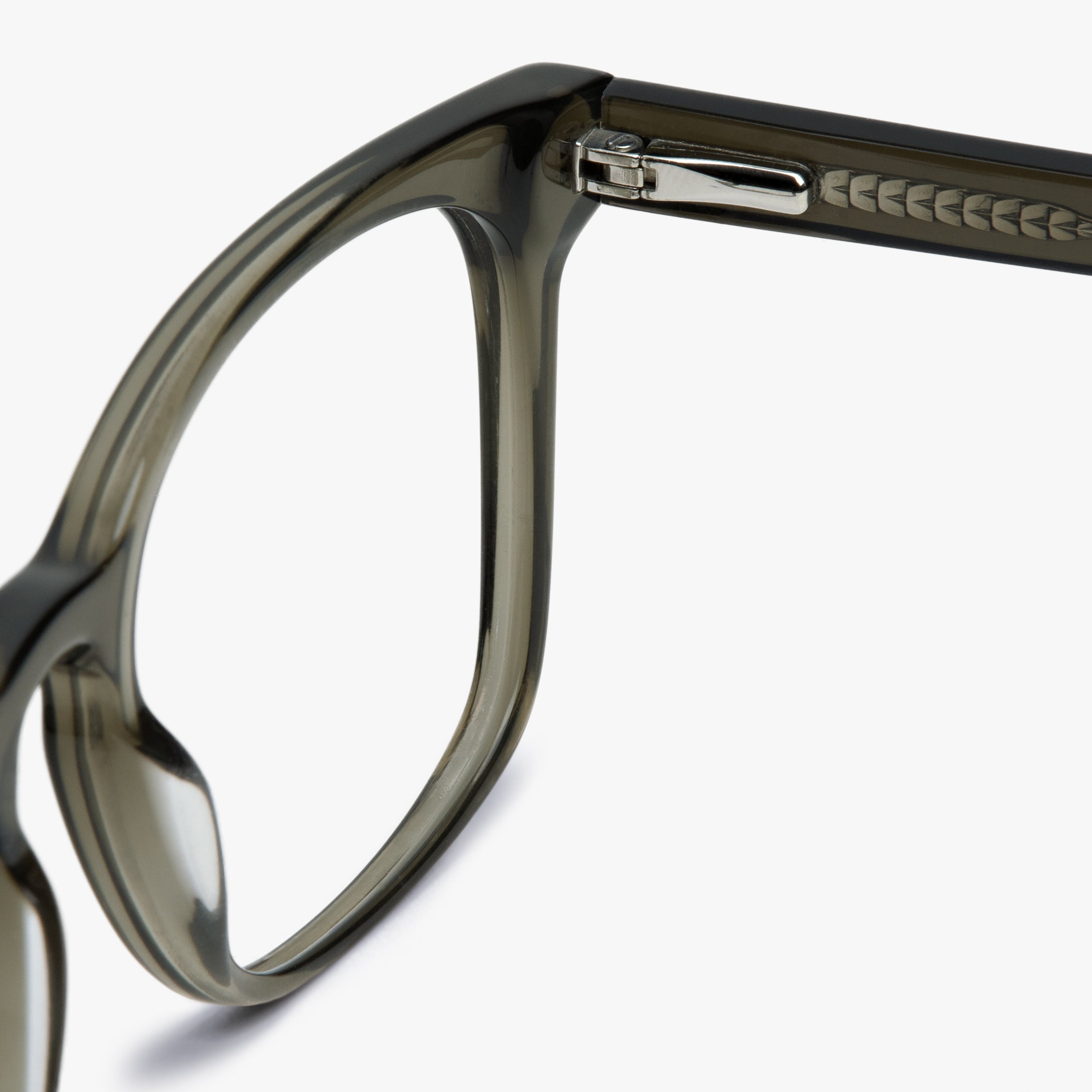 Close-up of women's Bornholm shiny olive glasses frame and hinge