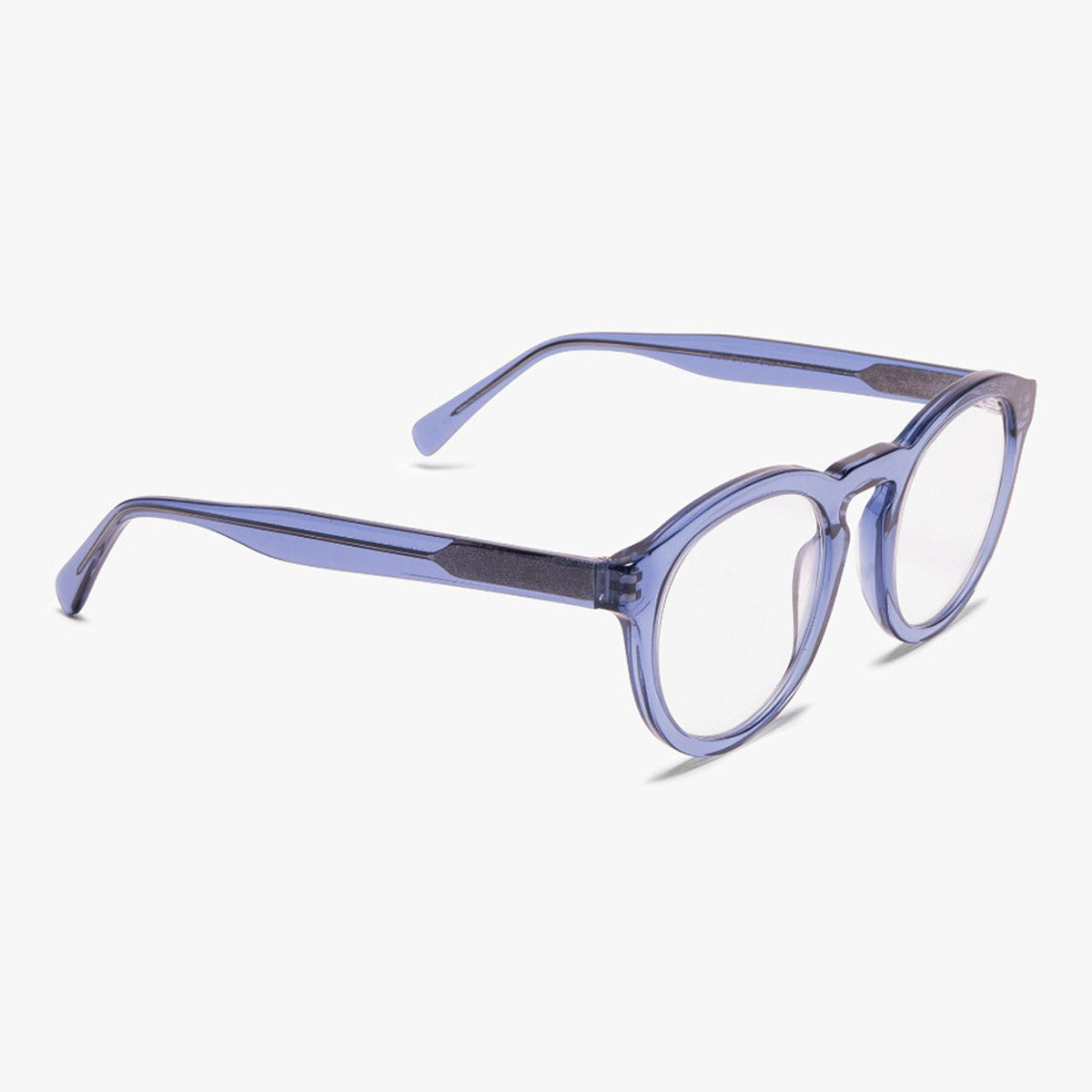 Round crystal blue reading glasses with thick frame