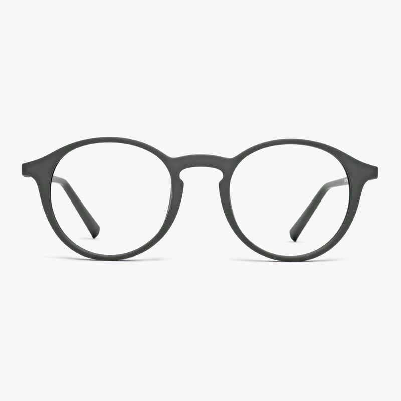 Round dark army reading glasses with matte finish