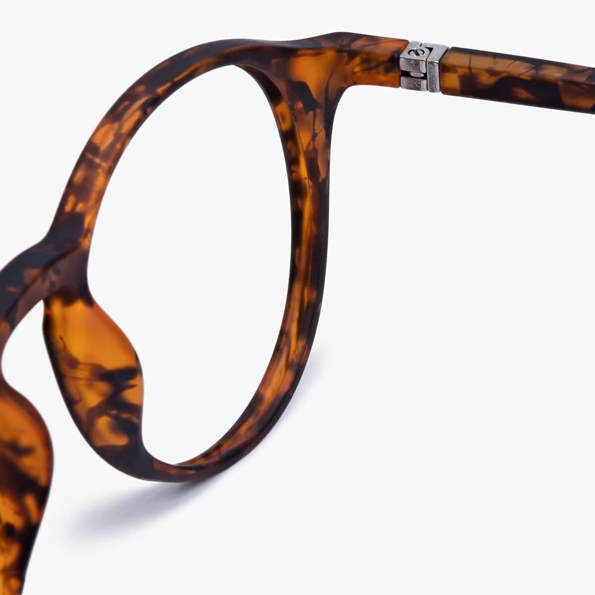 Close-up of tortoiseshell reading glasses frame with silver hinge