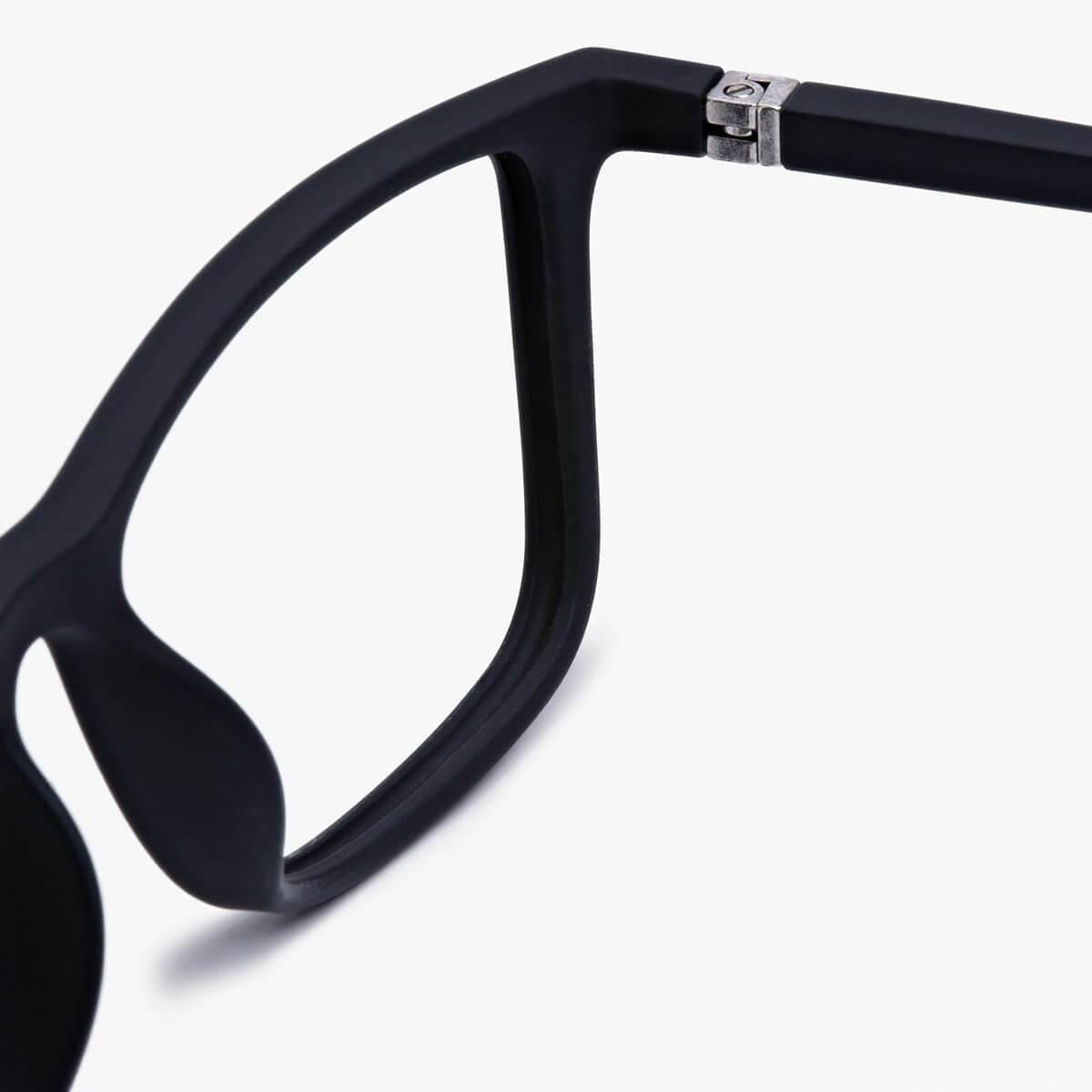 Close-up of black Skagen eyewear frame hinge detail