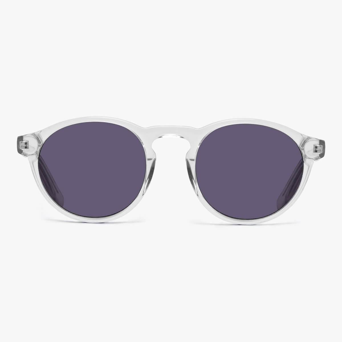 Round crystal white sunglasses with dark lenses